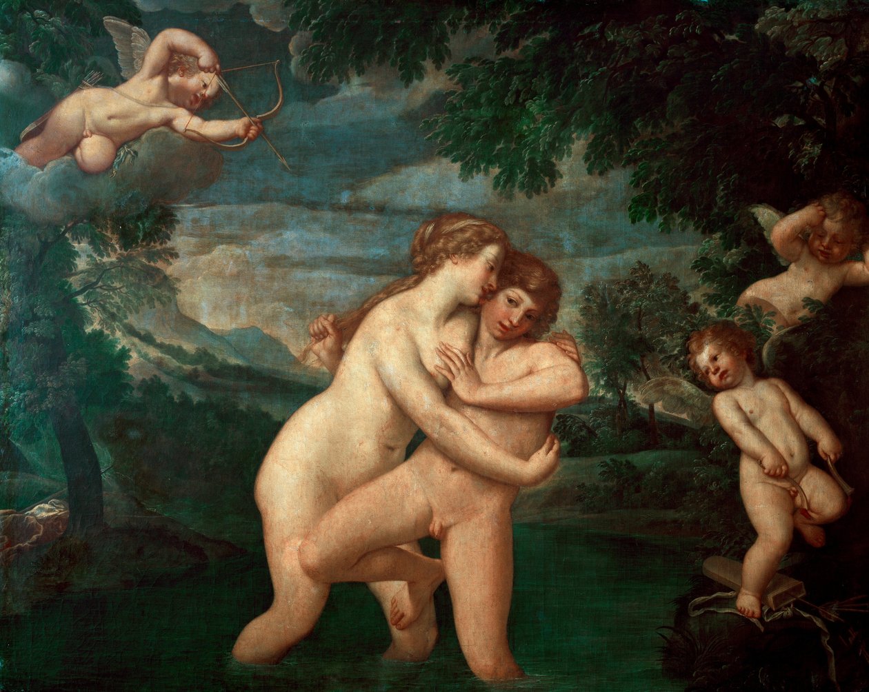 Salmacis ve vaně odražený Hermafroditem Nymfa Salmacis, syn Herma a Afrodity, vidí jeho pokroky odraženy - Obraz Francesca Albaniho dit l