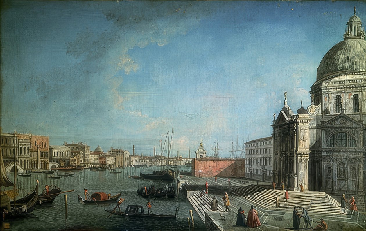 Pohled na Canal Grande z Ponte degli Scalzi. 1735-1740. Přímo na obrázku kostel Santa Maria di Nazareth (Scalzi) od Francesco Albotto