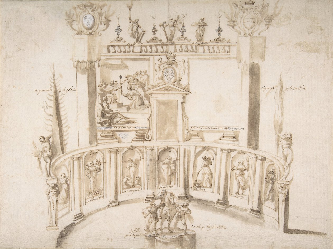 Design pro zahradní slavnost s půlkruhovou stěnou a sochami ve výklencích, ca. 1635-79. od Francesco Allegrini