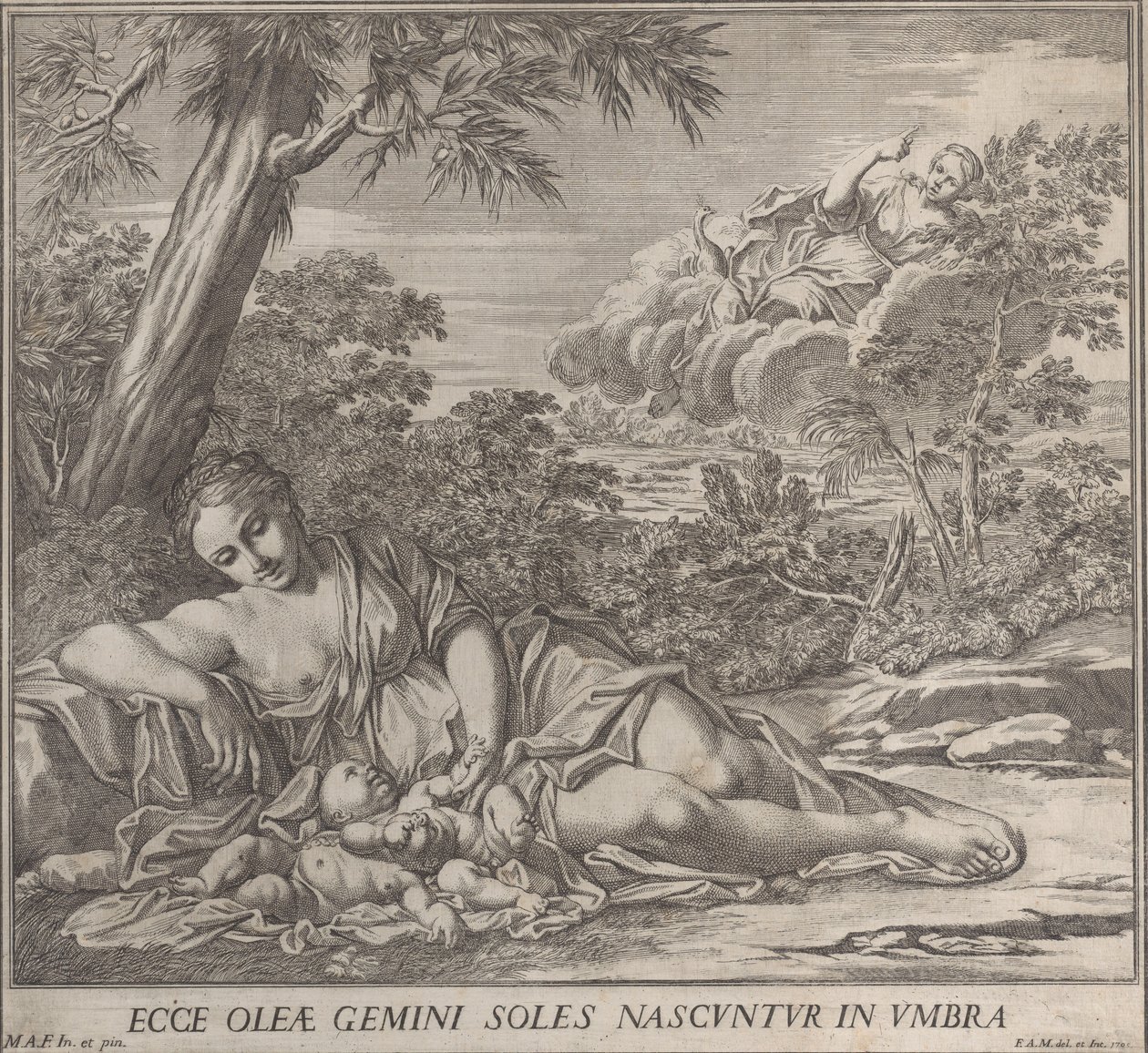 Latona a její spící dvojčata, Apollo a Diana, v krajině, 1705. od Francesco Antonio Meloni