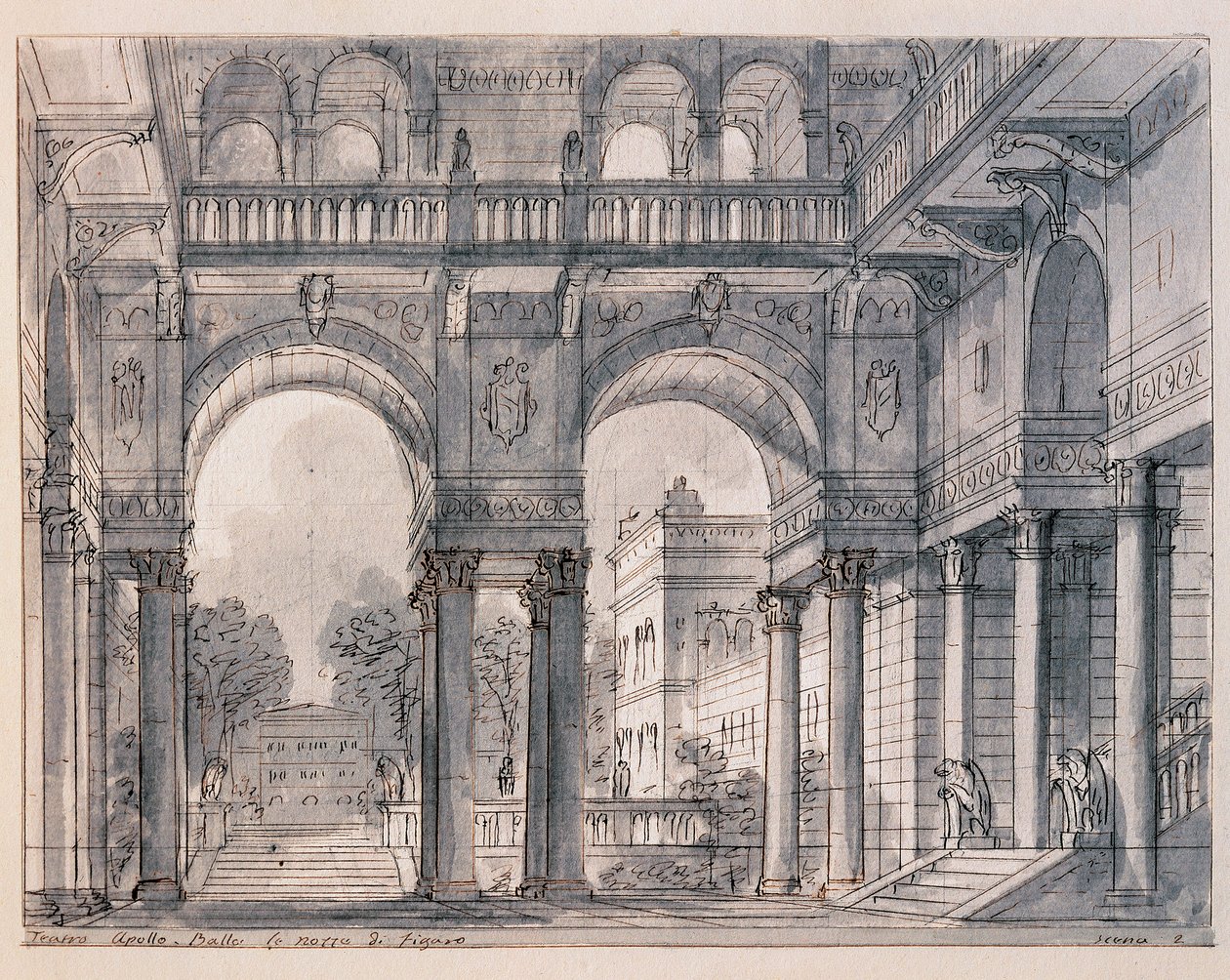 Scénografie pro druhou scénu „“ Figarova svatba (Figarova svatba) Wolfanga Amadea Mozarta (1756-1791) v režii scénografa Francesca Bagnara (1784-1866) 1820-1839 Benátské Museo Correr od Francesco Bagnara