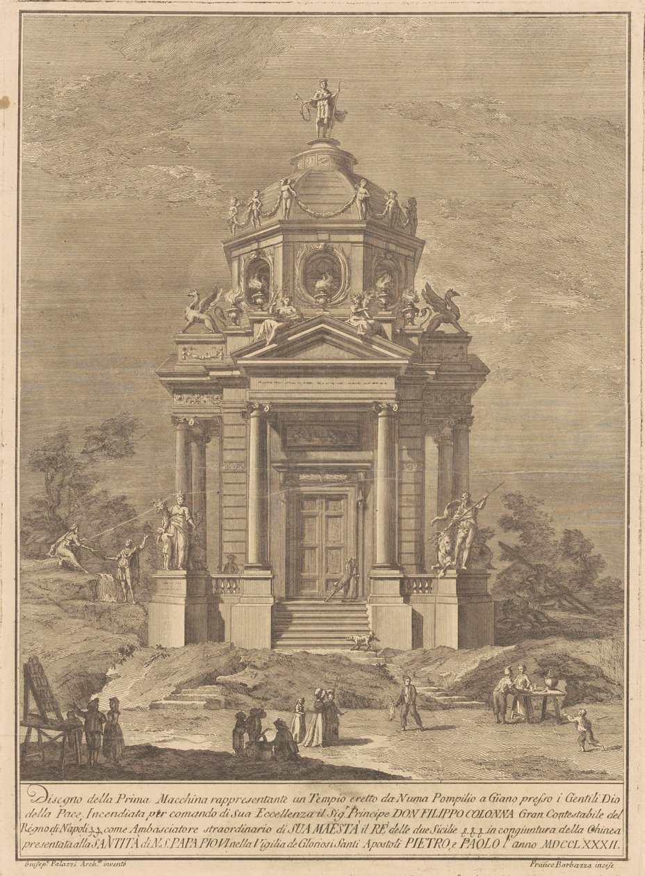 Prima Macchina pro Čínu z roku 1782: Janův chrám postavený Numou Pompiliem od Francesco Barbazza, after Giuseppe Palazzi