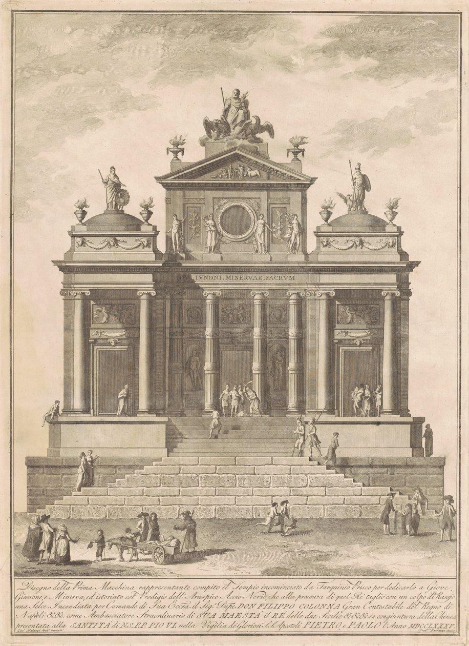 Prima Macchina pro Čínu z roku 1785: Jupiterův chrám započatý Tarquiniusem Priscusem se zázrakem Accia Naevia od Francesco Barbazza, after Giuseppe Palazzi