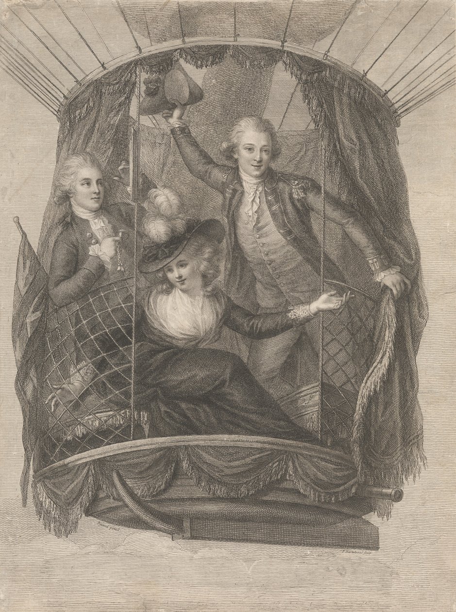Nanebevstoupení Madame Sage, Chevalier Biggin a kapitán Vincent Lunardi v balónu, 20. června 1785 od Francesco Bartolozzi