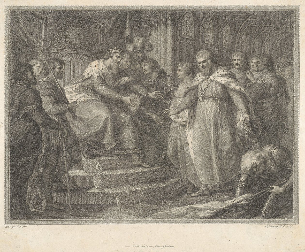 Eduard, princ z Walesu, představuje svému otci Eduardu III. zajatého francouzského krále Jana a jeho syny po bitvě u Poitiers od Francesco Bartolozzi