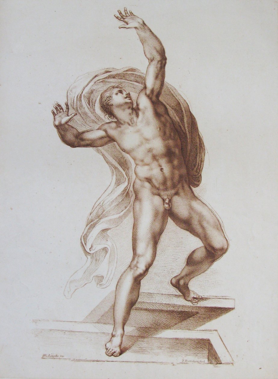 Mužská postava zkopírovaná z Michelangelova „Posledního soudu“ (rytina) od Francesco Bartolozzi