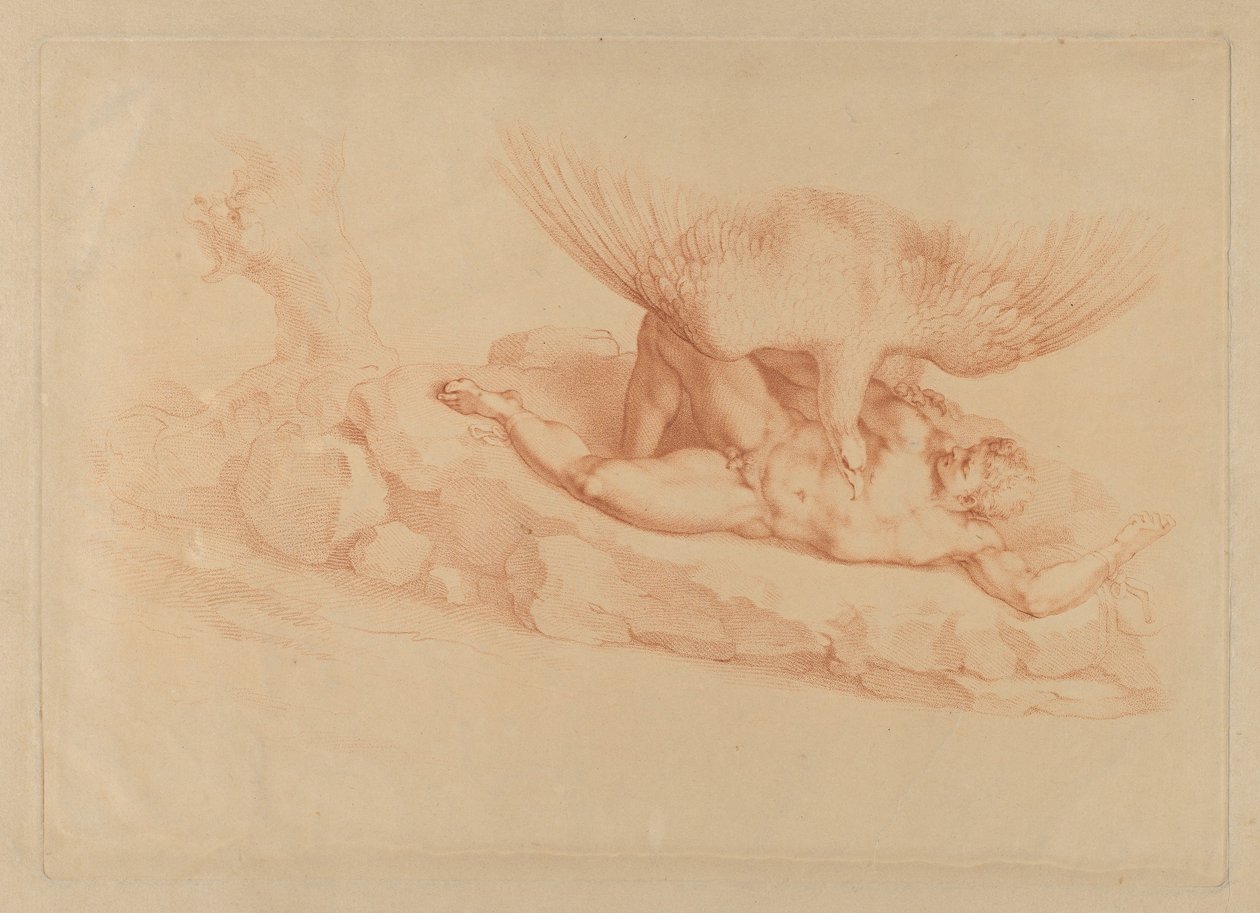 Prométheus, nahý, připoutaný ke skále, hledící na orla stojícího nad ním, 1795. od Francesco Bartolozzi