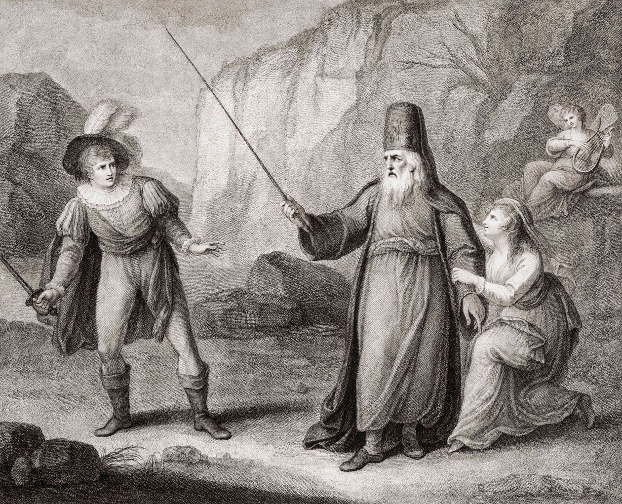 Prospero odzbrojující Ferdinanda. Shakespeare. Bouře (rytina) od Francesco Bartolozzi