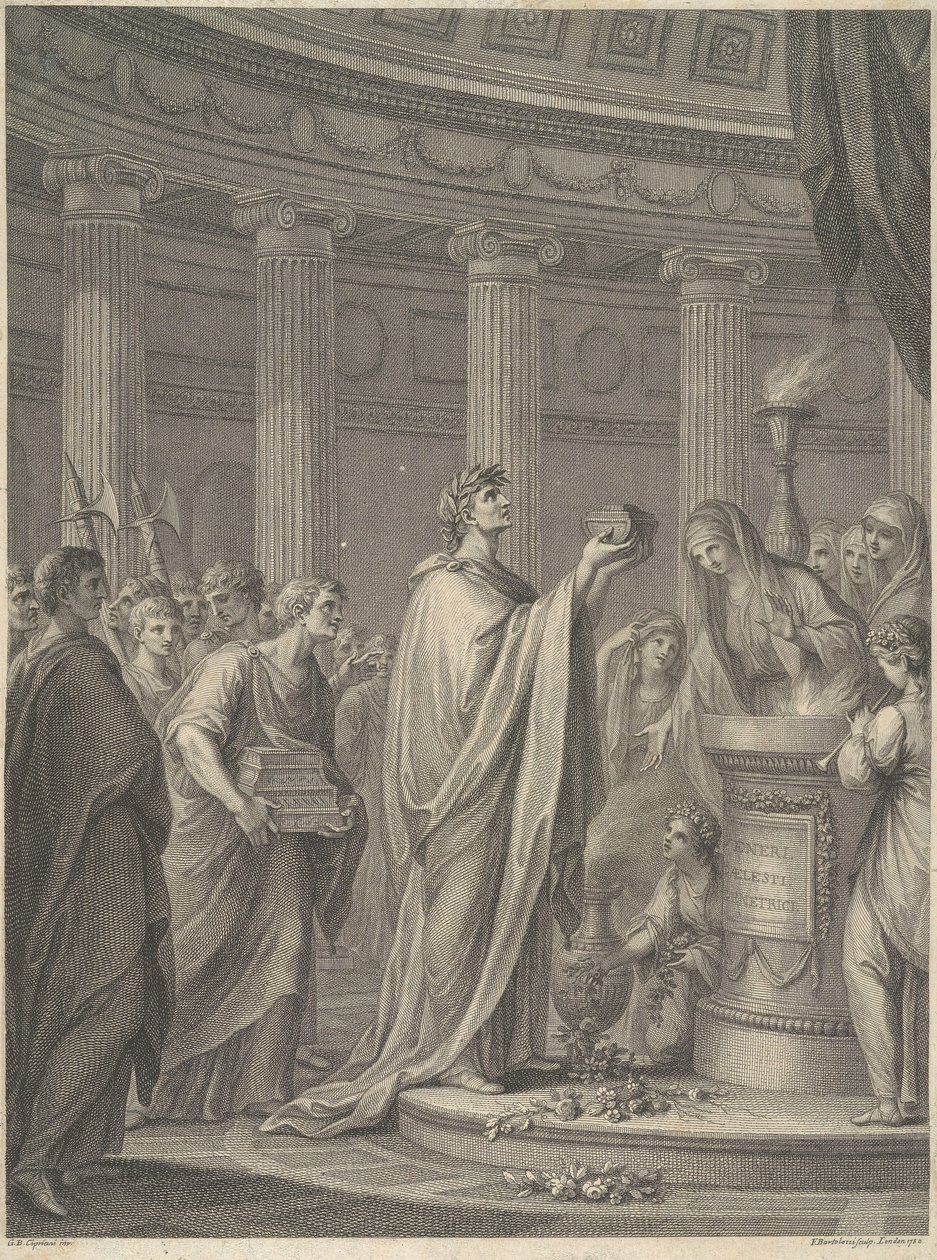 Římský vojevůdce Julius Caesar zasvěcuje chrám Venuše Genetrix na Caesarově fóru v Římě, 46 př. n. l. od Francesco Bartolozzi