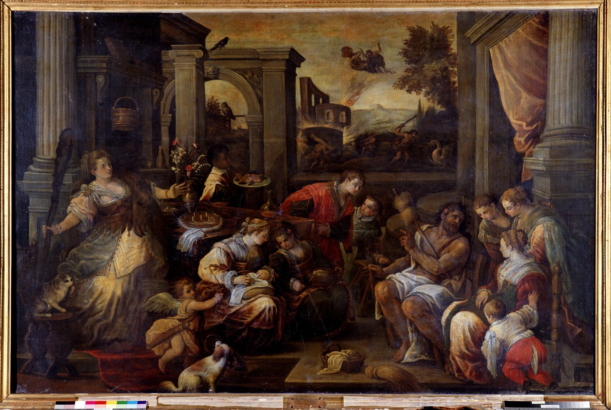 Hercules a Omphale Hercules, zamilovaný do královny Lycie Omphale, si vezme svůj orobinec od Francesco Bassano