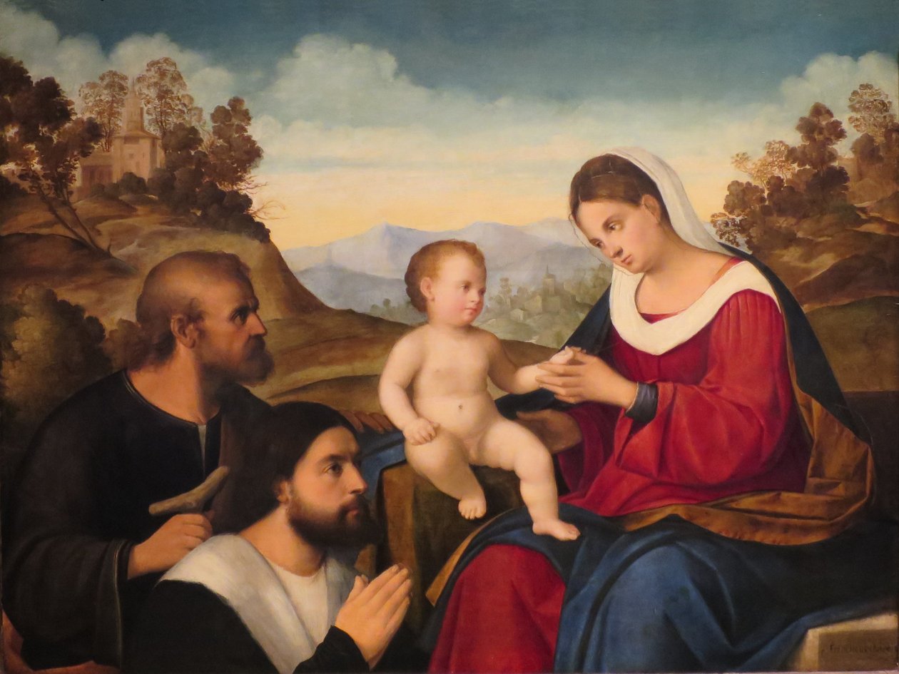 Svatá rodina s dárcem v krajině od Francesco Bissolo