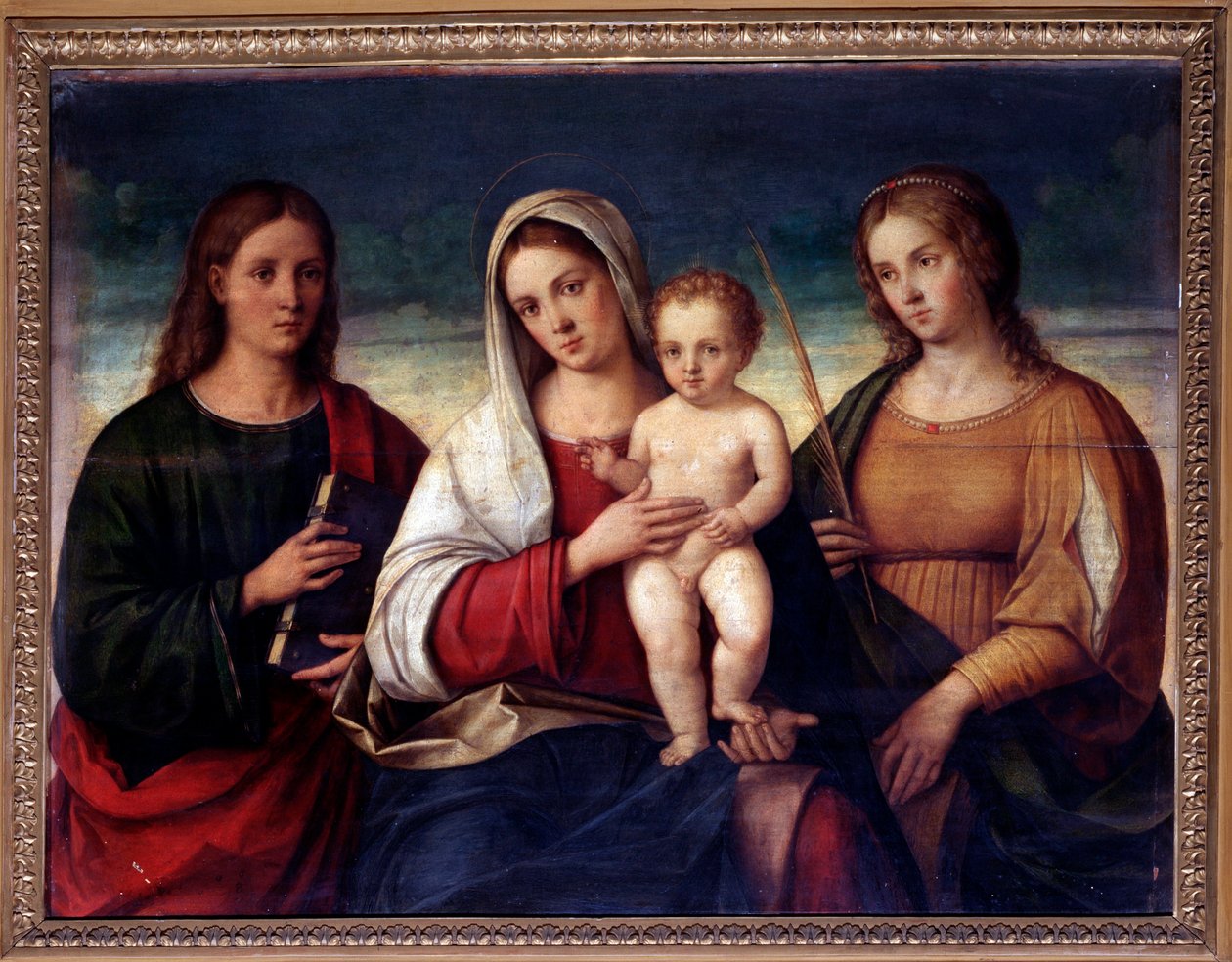 Panna s dítětem obklopená svatým Janem evangelistou a svatou Kateřinou Alexandrijskou (Obraz od Francesco Bissolo