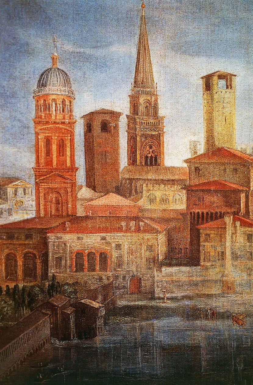 Pohled na Mantovu, detail sv. Františka se modlí k Panně Marii za ukončení epidemie, cca 1618 od Francesca Borganiho (1557-1624), 322x197 cm, olej na plátně od Francesco Borgani