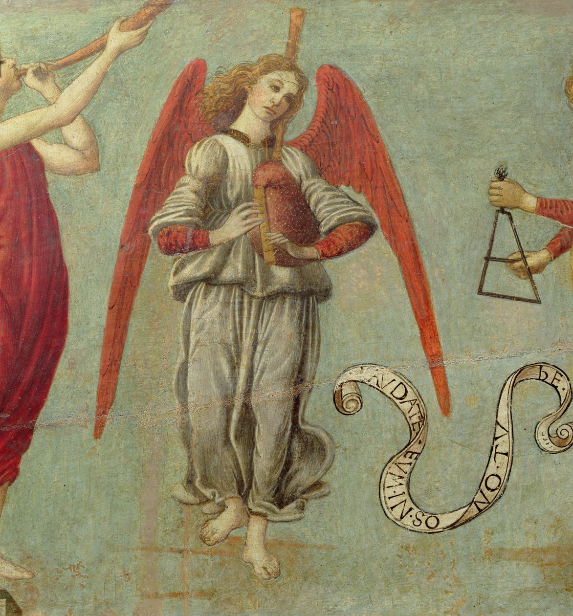 Anděl hrající na dudy, tempera c.1475-97 na detailu panelu 64871, viz také 64873 a 64874 od Francesco Botticini