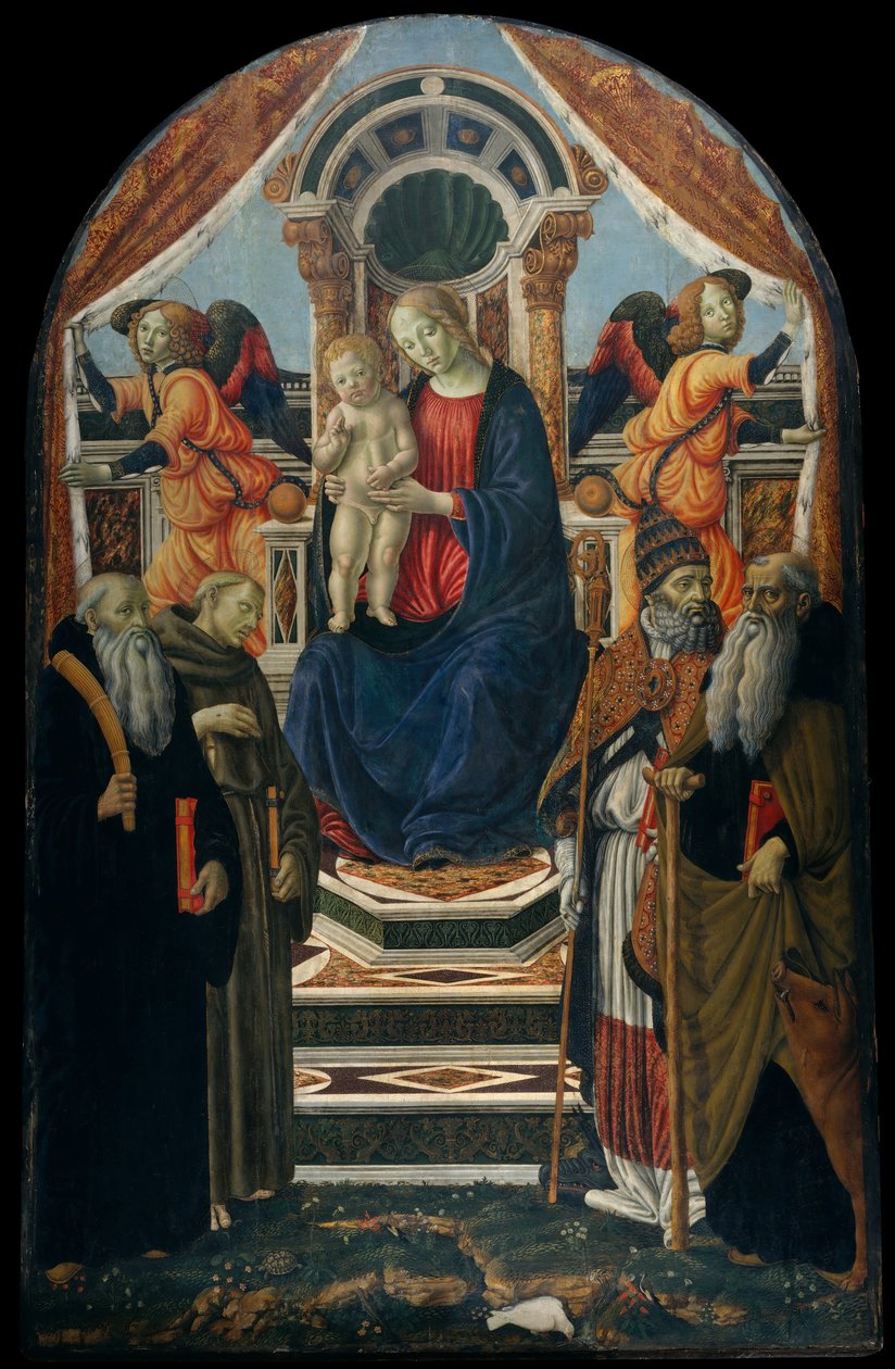 Madonna a dítě na trůnu se svatými a anděly. od Francesco Botticini