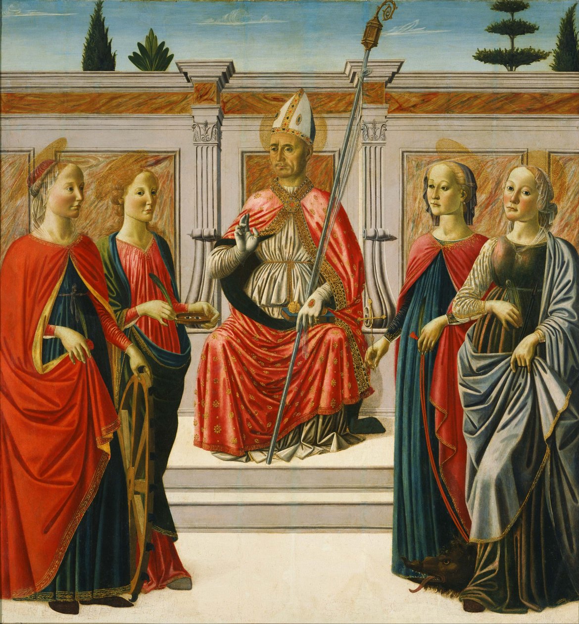 Svatý Mikuláš a svatá Kateřina, Lucie, Markéta a Apollonie od Francesco Botticini