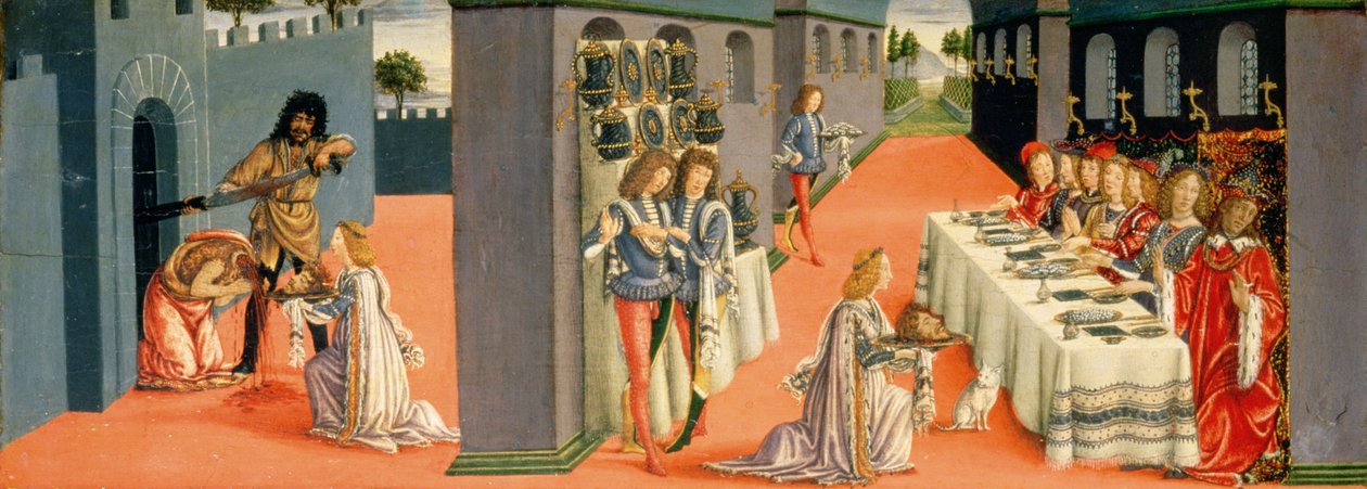 Výjevy z Umučení sv. Jana Křtitele, panel preella ze Tabernacle of the Sacramentes, c.1484-6 (tempera na panelu) (detail z 94757) od Francesco Botticini