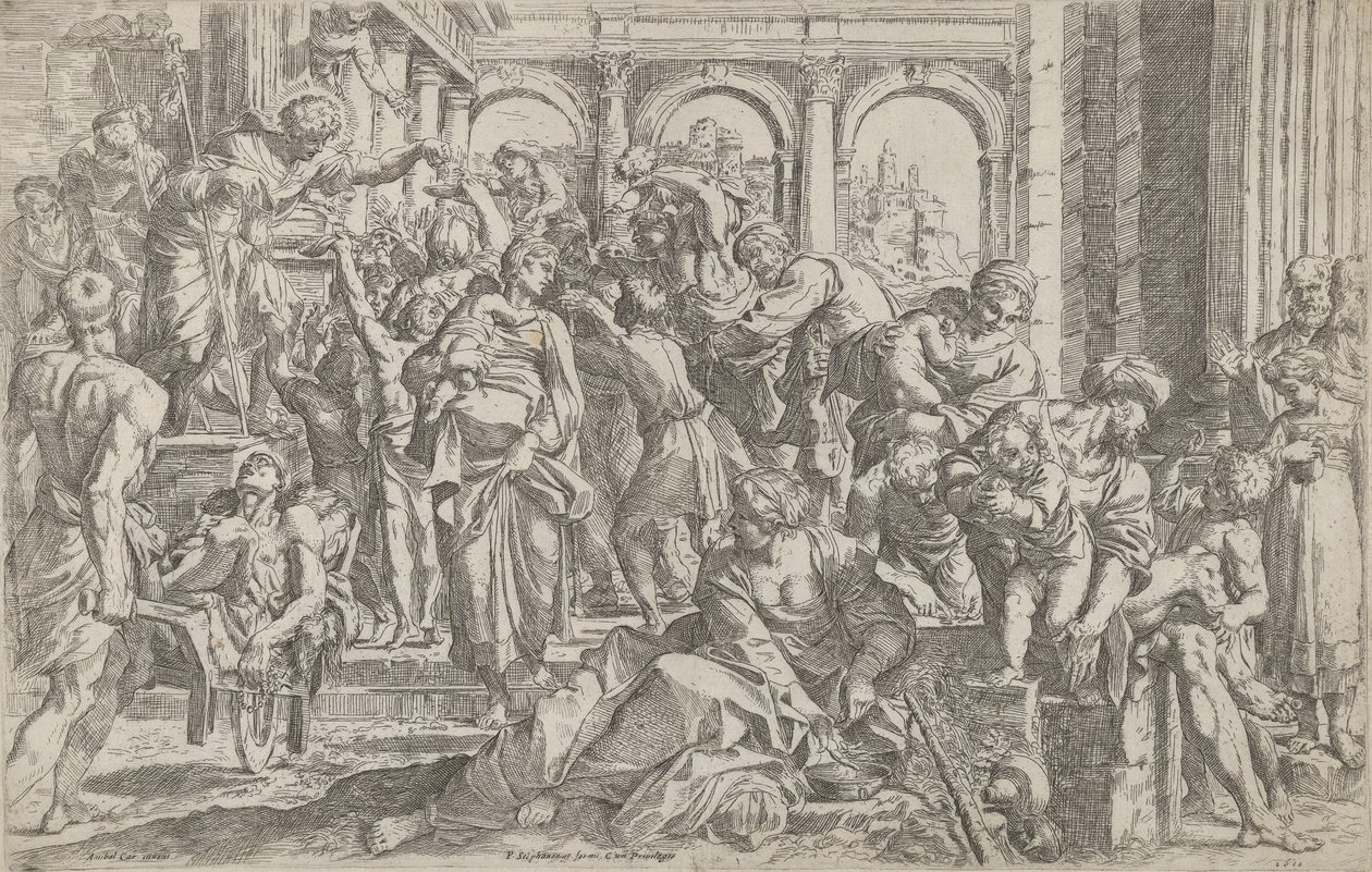 Svatý Roch vlevo rozdává almužnu skupině lidí shromážděných kolem sebe po ..., 1590-1600. od Francesco Brizio