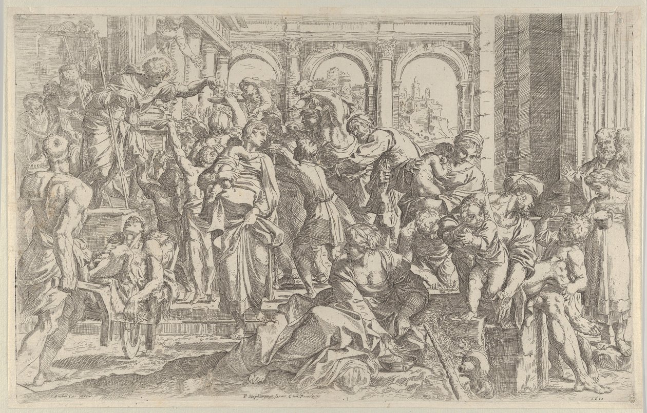 Svatý Roch vlevo rozdává almužnu skupině lidí shromážděných kolem sebe, asi... 1590-1600. od Francesco Brizio