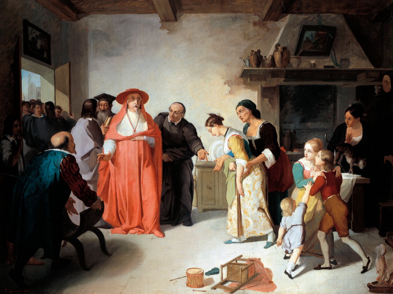 Kardinál Boromejský na návštěvě u Lucy v krejčovském domě, scéna ze Zasnoubení od Alessandra Manzoniho (1785-1873), od Francesca Coghettiho (1804-1875), olej na plátně, 35,3 x 47,4 cm od Francesco Coghetti