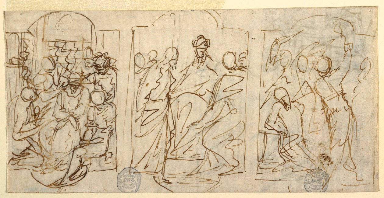 Kresba, Tři fáze umučení: Výsměch, Kristus před Pilátem, Bičování, asi 1848. od Francesco Coghetti