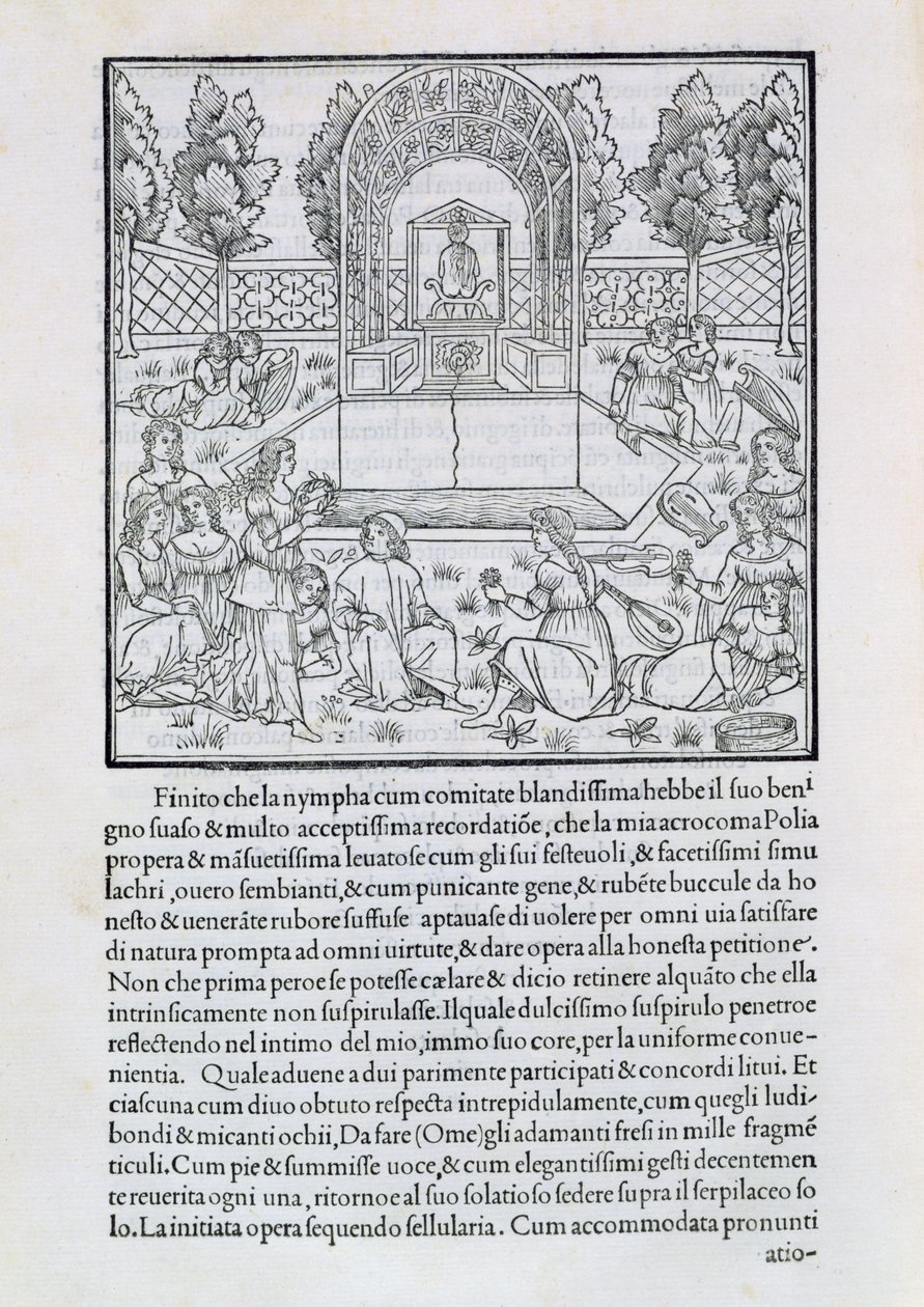 Nymfy s milencem Polia, ilustrace z kopie „Hypnerotomachia Poliphili“ od Francesca Colonny (asi 1432-1527) od Francesco Colonna