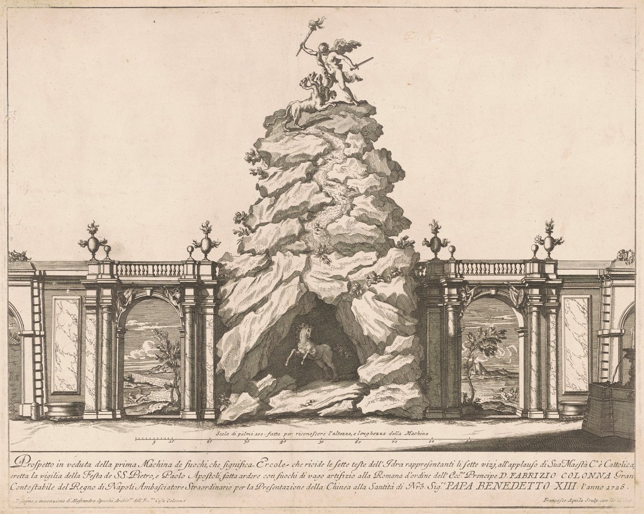 Prima Macchina pro Čínu z roku 1726: Herkules a Hydra od Francesco Faraone Aquila, after Alessandro Specchi