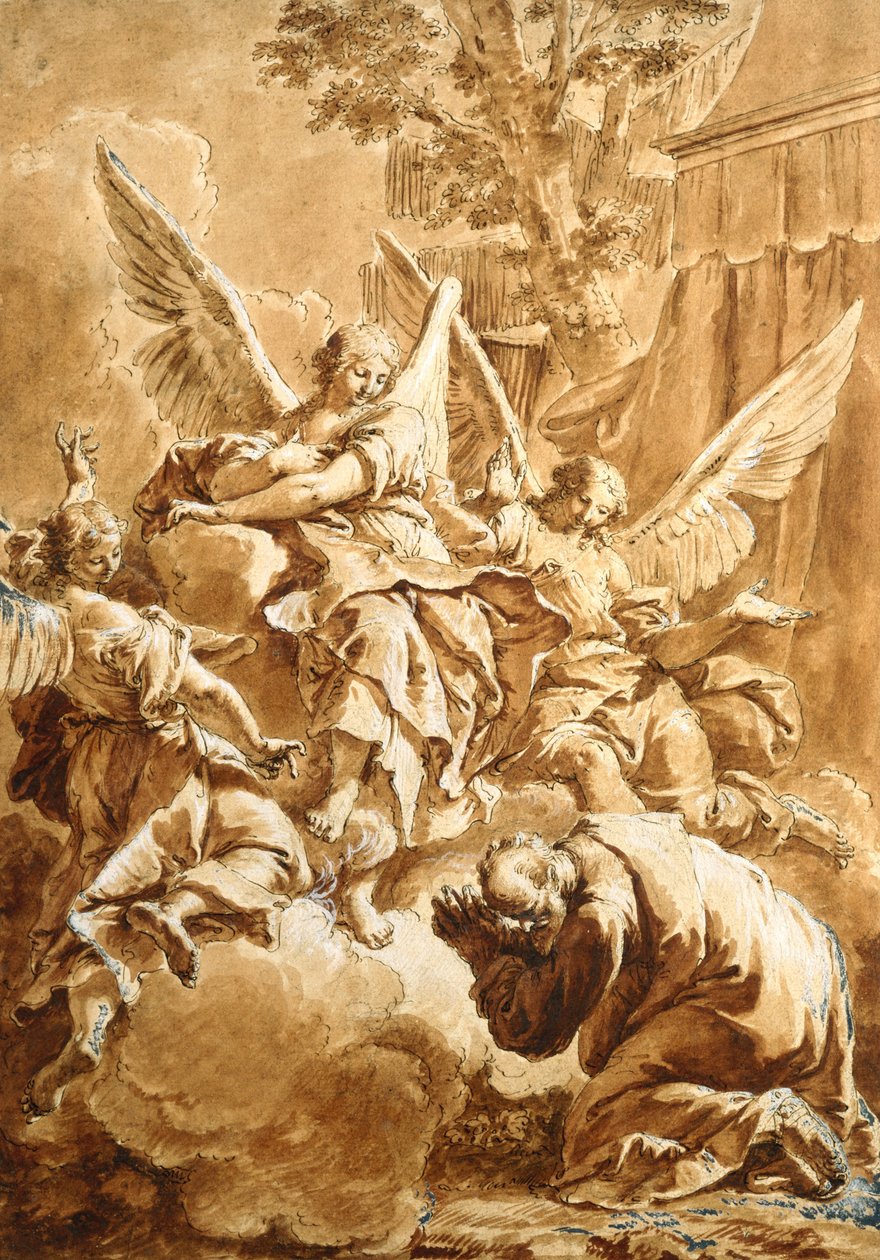 Abraham a tři andělé, kolem roku 1750 (pero a hnědý inkoust na černé křídě s červeným praním) od Francesco Fontebasso