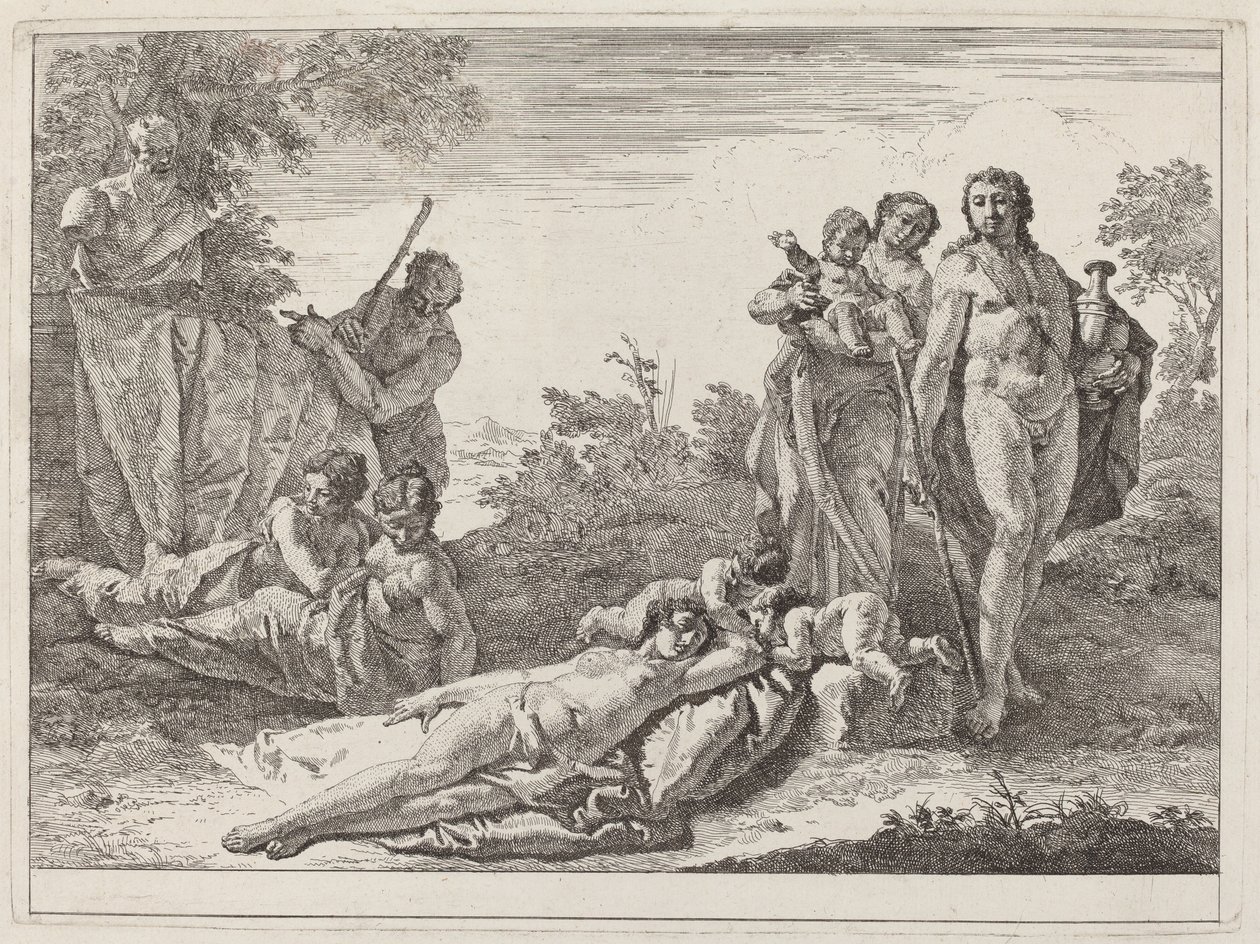 Apollo a nymfy v krajině s bustou Pan od Francesco Fontebasso