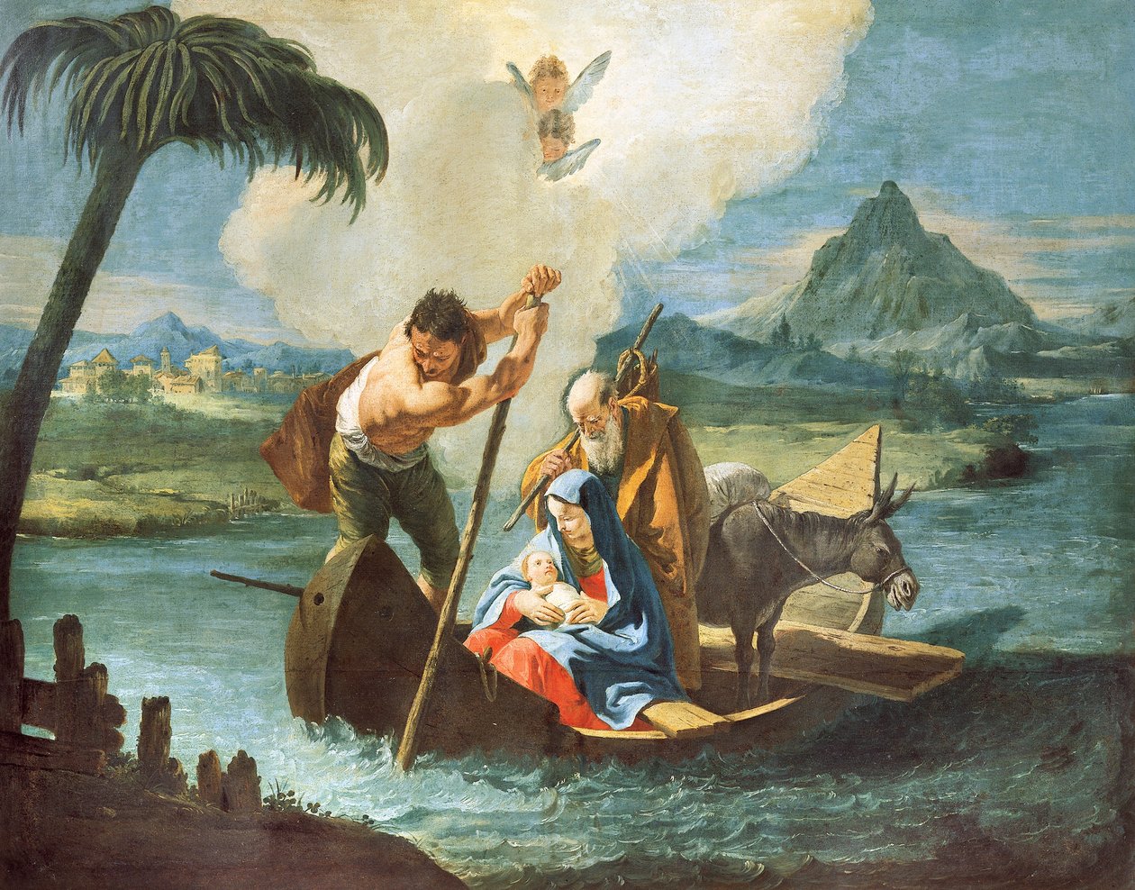 Svatá rodina překračující Nil při útěku do Egypta, Francesco Fontebasso (1707-1769), olej na plátně od Francesco Fontebasso