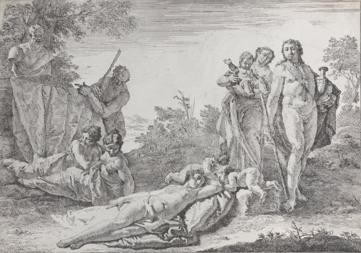 Devět figurek poblíž Herm of Pan, z Bacchanals a historie, 1744. od Francesco Fontebasso