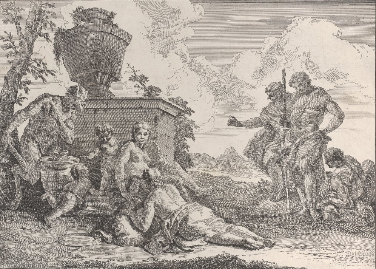Satyr s kyjem a sedmi postavami, z Bacchanals a historie, 1744. od Francesco Fontebasso