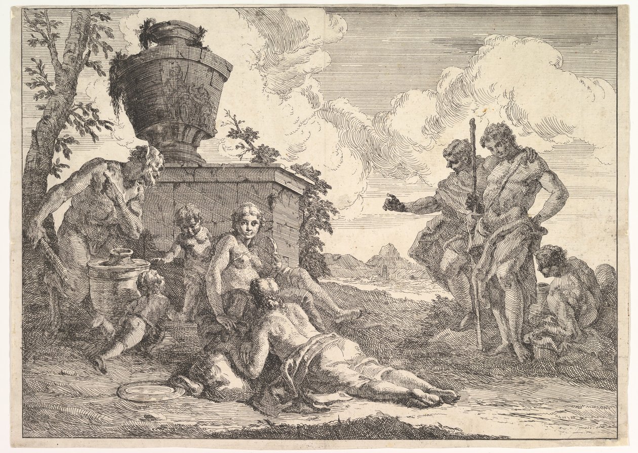Satyr s kyjem a sedmi postavami, z Bacchanals a historie, 1744. od Francesco Fontebasso