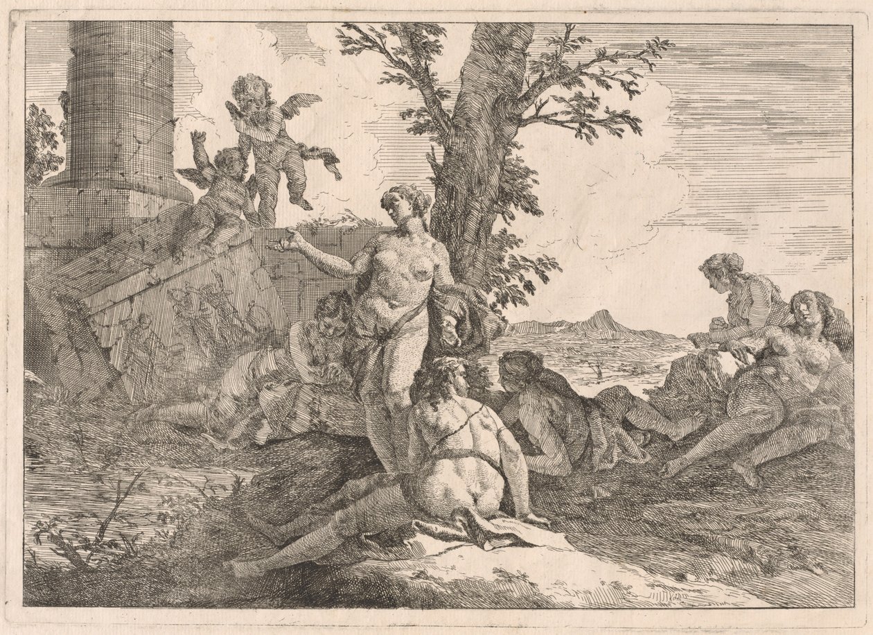 Šest nymf a dva Cupids v krajině od Francesco Fontebasso