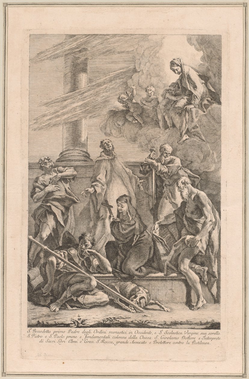 Madona s dítětem se dvěma anděly a svatými Scholastica, Benedikt, Roch, Petr, Pavel a Jeroným od Francesco Fontebasso after Sebastiano Ricci
