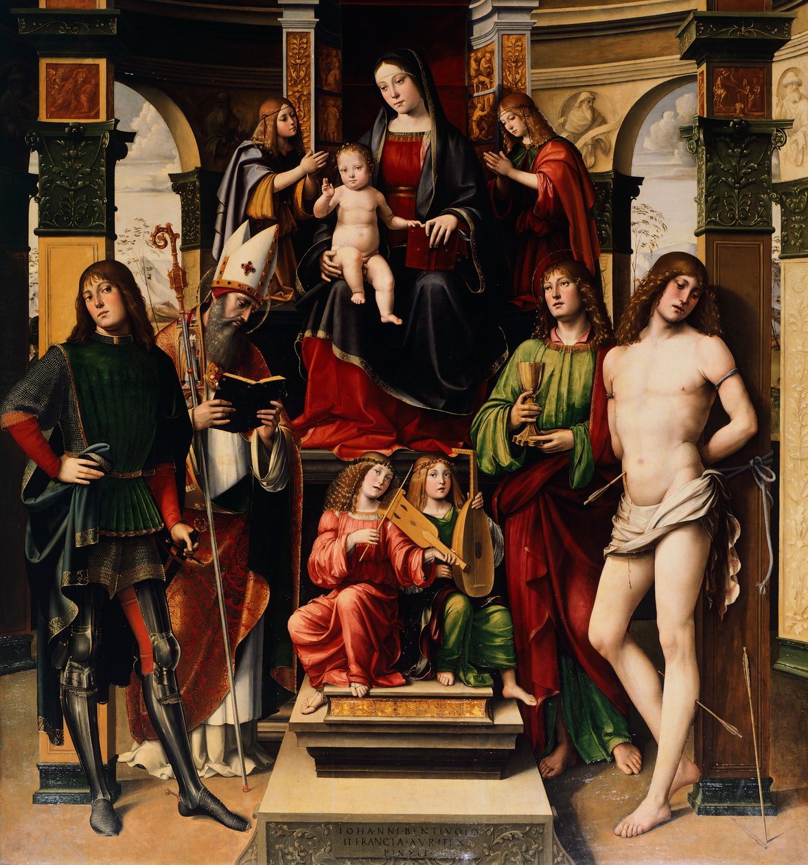 Madona s dítětem, andělé a svatí, Francesco Francia (1450-1517), kostel San Giacomo Maggiore, Bologna, Itálie od Francesco Francia