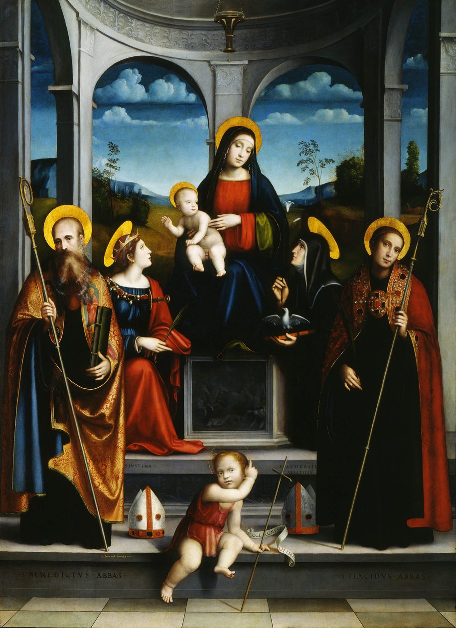 Panna a dítě se svatými Benediktem, Justinou, Placidem a Scholasticou, cca 1515 od Francesco Francia