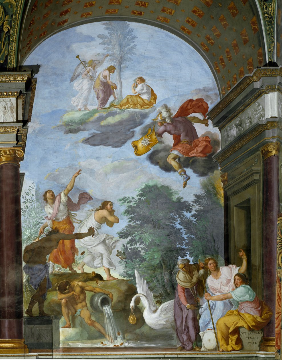 Alegorie smrti Lorenza de Medici il Magnifico (Laurent de Medicis) známého jako The Magnificent (1449-1492). Vpravo vyobrazení božstev osudu, Kabinetů (nebo Parques): Clotho, Lachesis a Atropos. Freska od Francesca Furiniho (160 od Francesco Furini