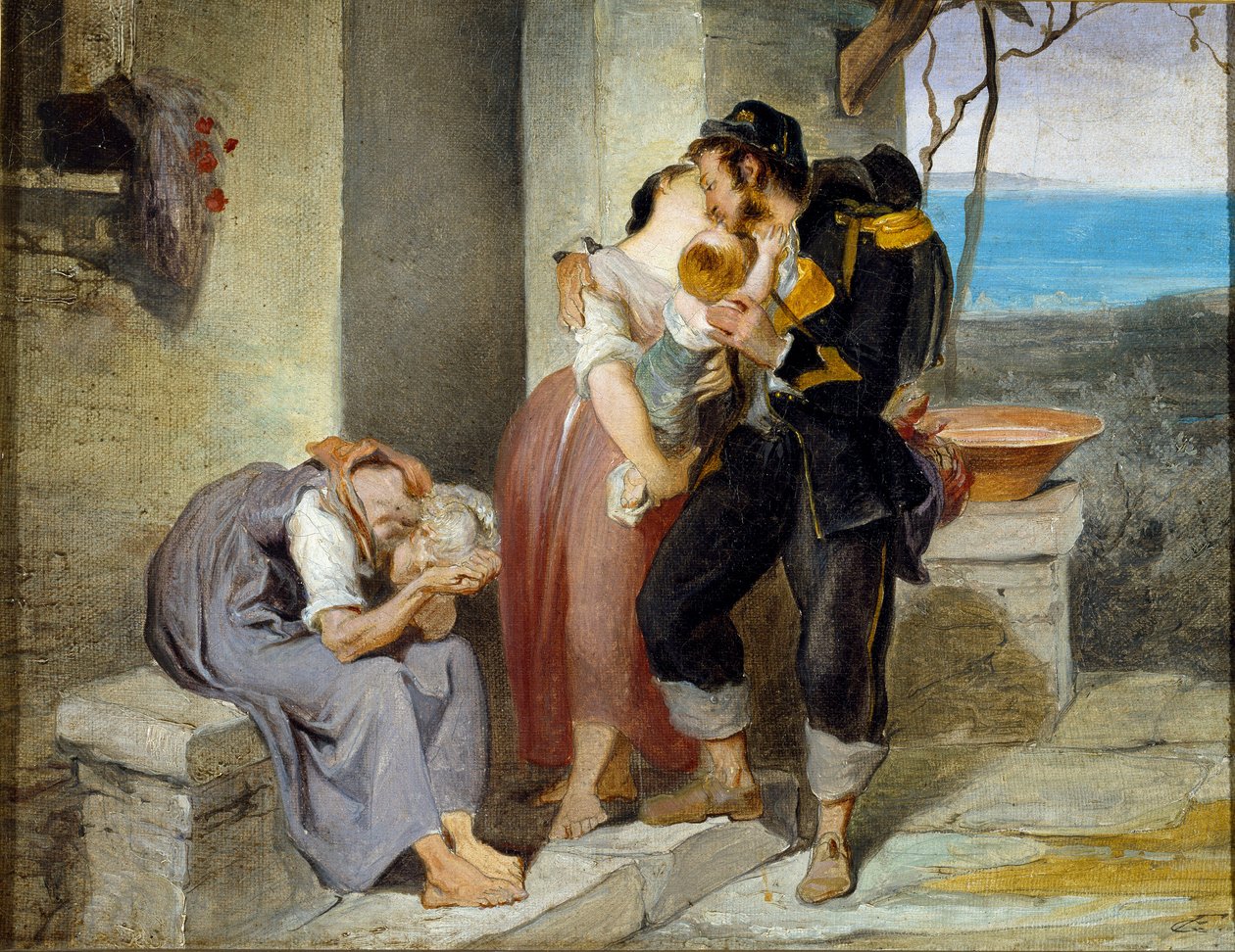 Odchod vojáka Od rodiny voják opustí svou ženu a dítě v slzách, aby šli do války. Obraz Francesca Gandolfiho (1824-1873) Rozm. 27x38 cm Genes Nervi, Civica Galleria d