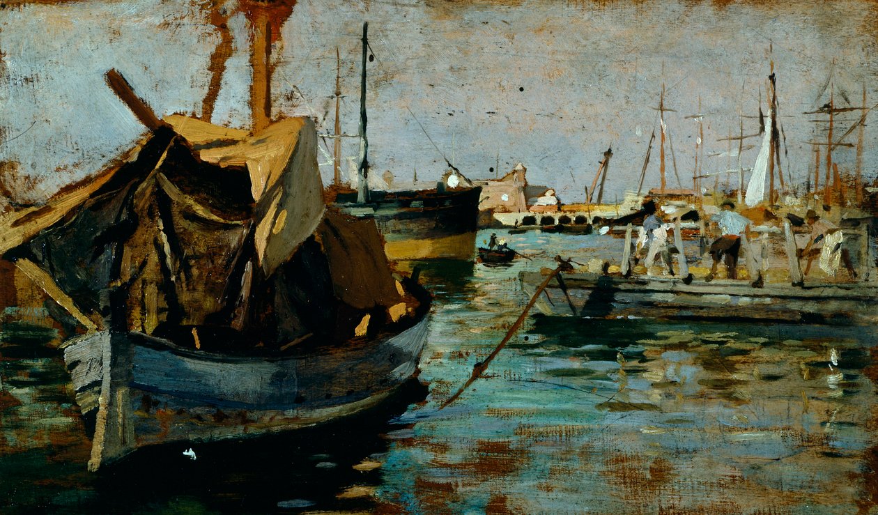 Při práci v přístavu Livorno (Leghorn) od Francesca Gioliho (1846-1922), olej na panelu, 22x38 cm od Francesco Gioli