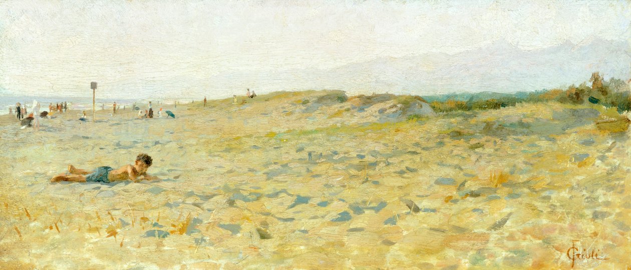 Pláž v Cinquale od Francesca Gioliho (1846-1922), olej na panelu od Francesco Gioli
