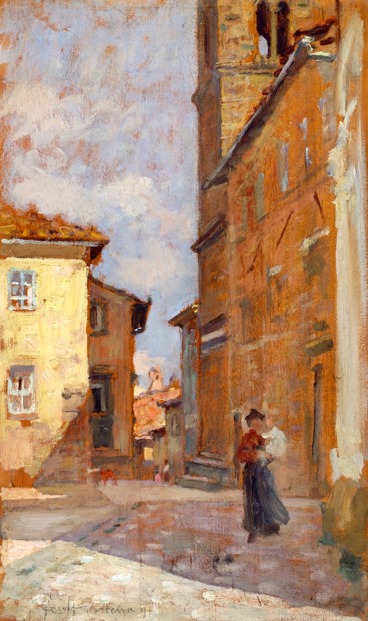 Na ulici ve Volterře od Francesca Gioliho (1846-1922), olej na panelu, 38x23 cm od Francesco Gioli