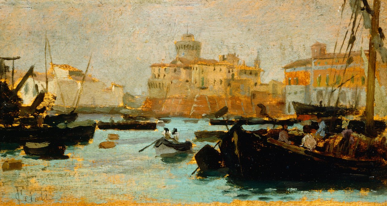 Přístav v Livornu od Francesca Gioliho (1846-1922), olej na desce, 9x17 cm od Francesco Gioli