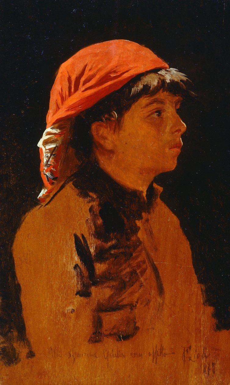 Červený šátek od Francesca Gioliho (1846-1922), olej na panelu, 28x17 cm od Francesco Gioli