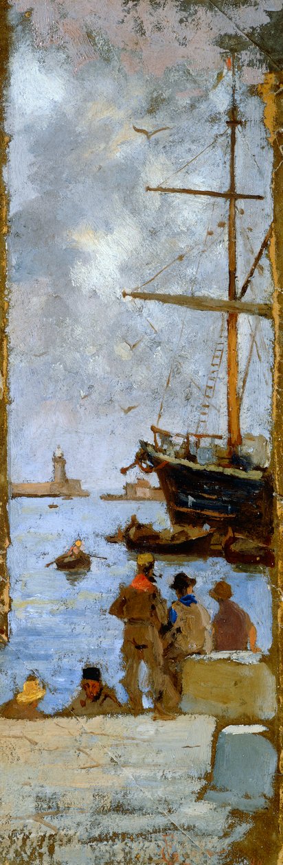 Pohled na přístav Livorno od Francesca Gioliho (1846-1922), olej na plátně přenesený na karton, 38x12 cm od Francesco Gioli