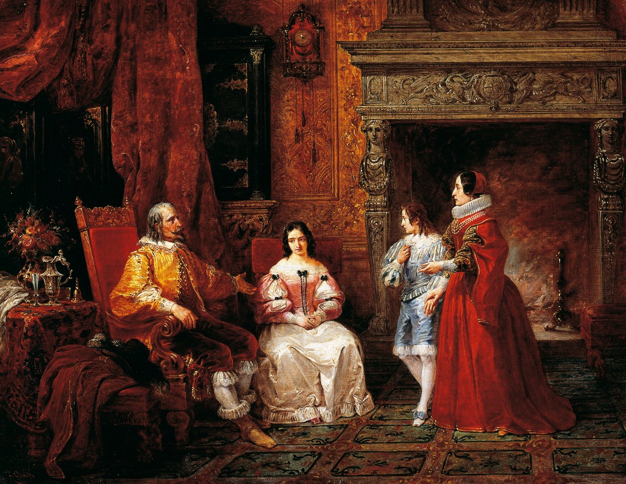 Princ říká mladému princi a jeho matce o Gertrudino rozhodnutí stát se jeptiškou, epizoda ze Snoubenky od Alessandra Manzoniho (1785-1873) od Francesco Gonin