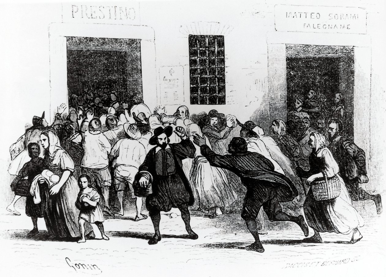 Plenění pekárny o berlích, epizoda ze Zasnoubení, od Alessandra Manzoniho (1785-1873), ilustrace Francesco Gonin (1808-1889) vydání z roku 1840 od Francesco Gonin