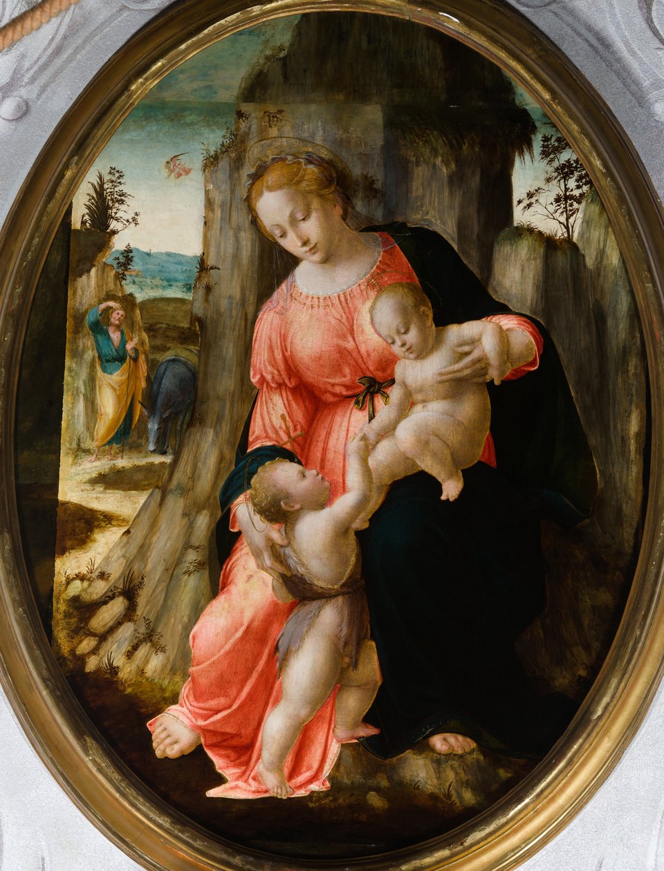 Pyhän Johanneksen kohtaaminen pyhän perheen kanssa Egyptissä, 1500-luvun ensimmäinen puolisko (öljy soikealle taululle) od Francesco Granacci