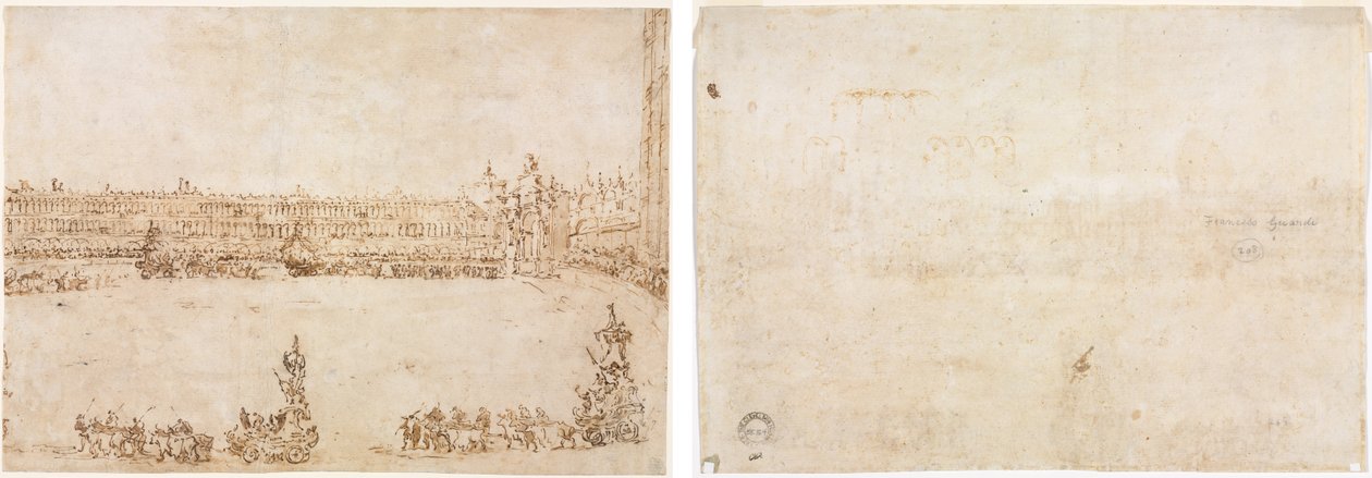 Průvod triumfálních vozů na náměstí Piazza San Marco, Benátky, oslavující návštěvu Conti del Nord (recto) Tři náčrty oblouků (verso) od Francesco Guardi