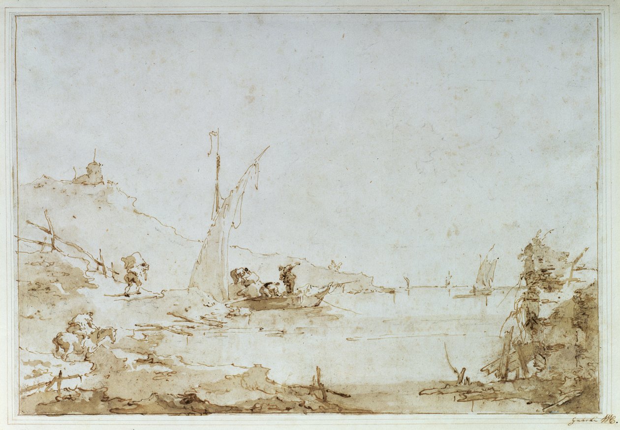 Pobřežní scéna, cca 1770-80 (pero a hnědá barva s černou křídou na papíře) od Francesco Guardi